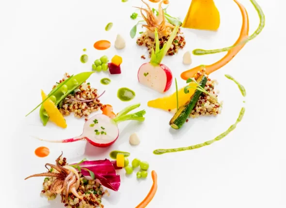 Gourmet sampler dish on white background