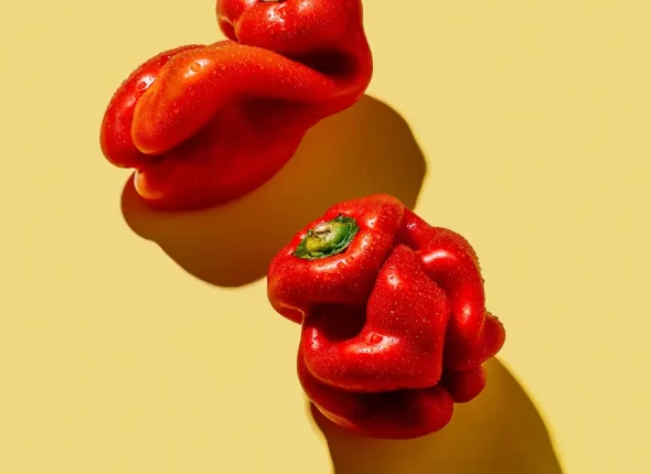 misted red bell peppers on yellow background